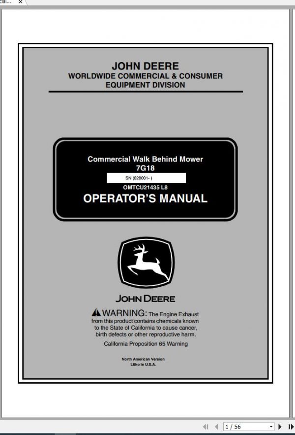John Deere Commercial Walk Behind Mower 7G18 SN 020001 Operators Manual OMTCU21435 L8 2009 1