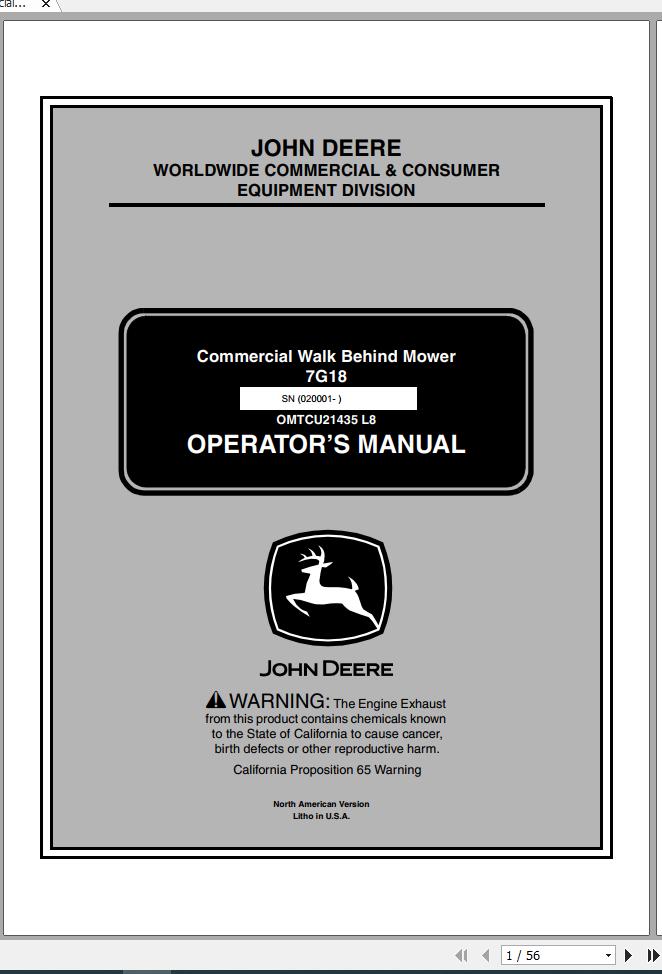 John Deere Commercial Walk Behind Mower 7G18 SN 020001 Operators Manual OMTCU21435 L8 2009 1