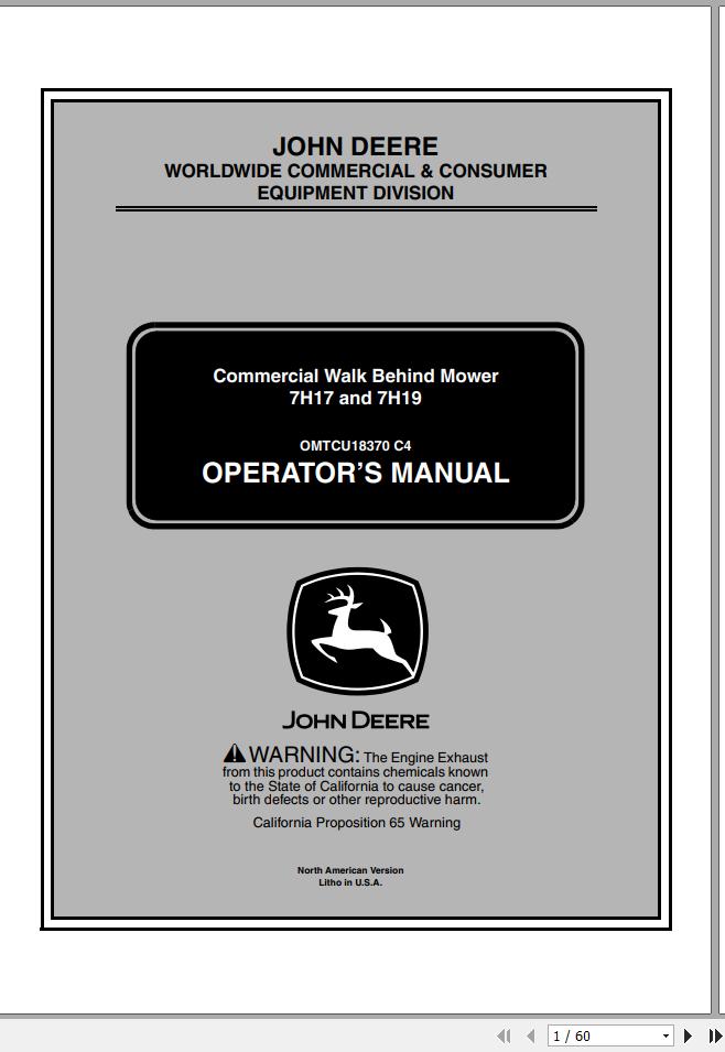 John Deere Commercial Walk Behind Mower 7H17 7H19 SN 010001 Operators Manual OMTCU18370 C4 2004 1
