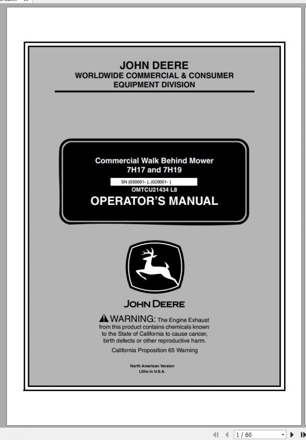 John Deere Commercial Walk Behind Mower 7H17 7H19 SN 030001 020001 Operators Manual OMTCU21434 L8 1