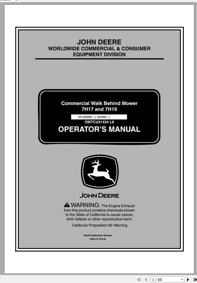 John Deere Commercial Walk Behind Mower 7H17 7H19 SN 030001 020001 Operators Manual OMTCU21434 L8 1