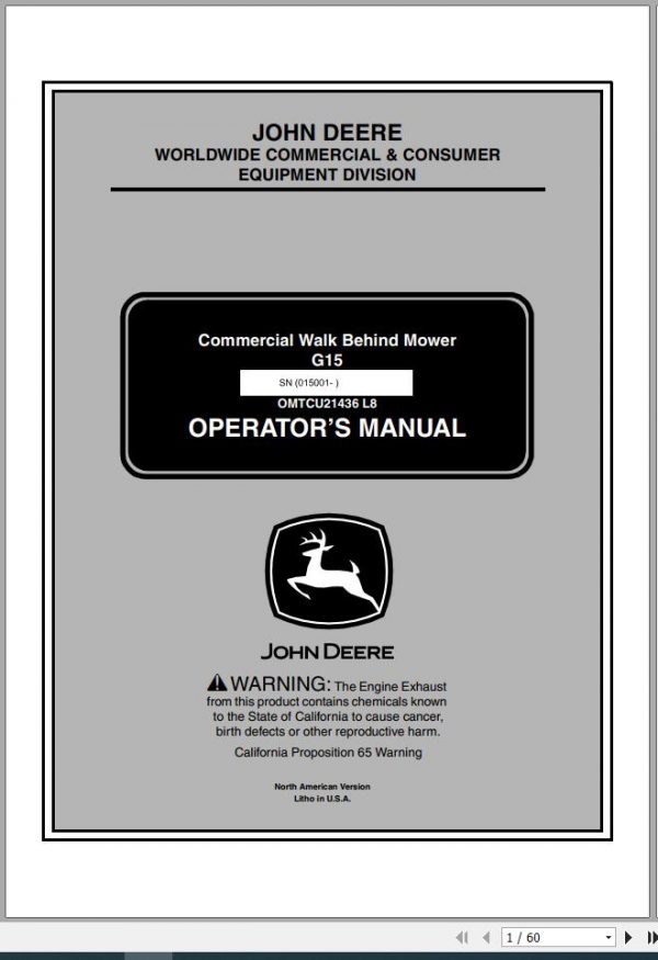 John Deere Commercial Walk Behind Mower G15 SN 015001 Operators Manual OMTCU21436 L8 2009 1