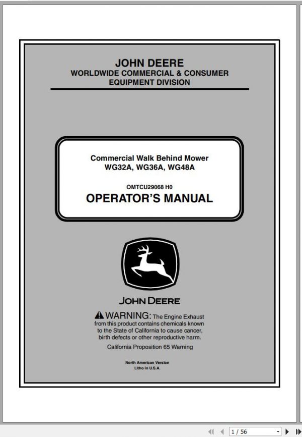 John Deere Commercial Walk Behind Mower WG32A WG36A WG48A SN 010001 Operators Manual OMTCU29068 H0 2010 1