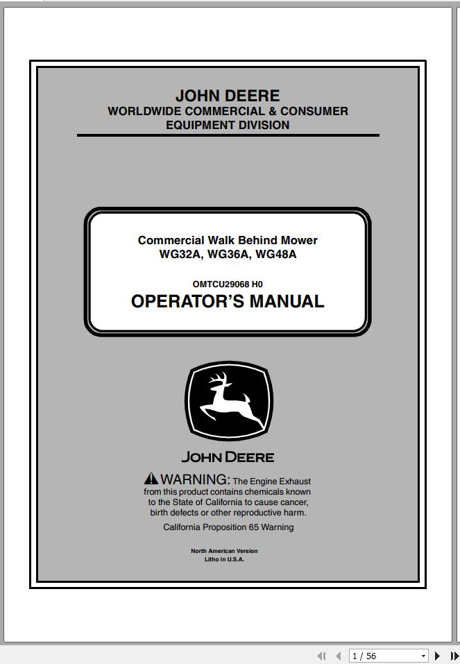 John Deere Commercial Walk Behind Mower WG32A WG36A WG48A SN 010001 Operators Manual OMTCU29068 H0 2010 1