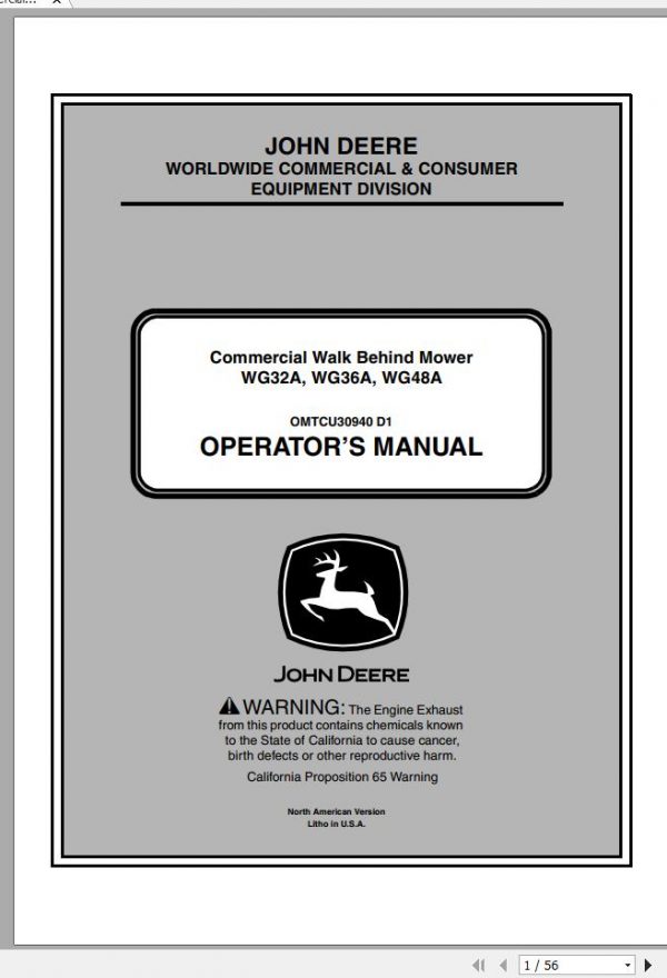John Deere Commercial Walk Behind Mower WG32A WG36A WG48A SN 010001 Operators Manual OMTCU30940 D1 2011 1