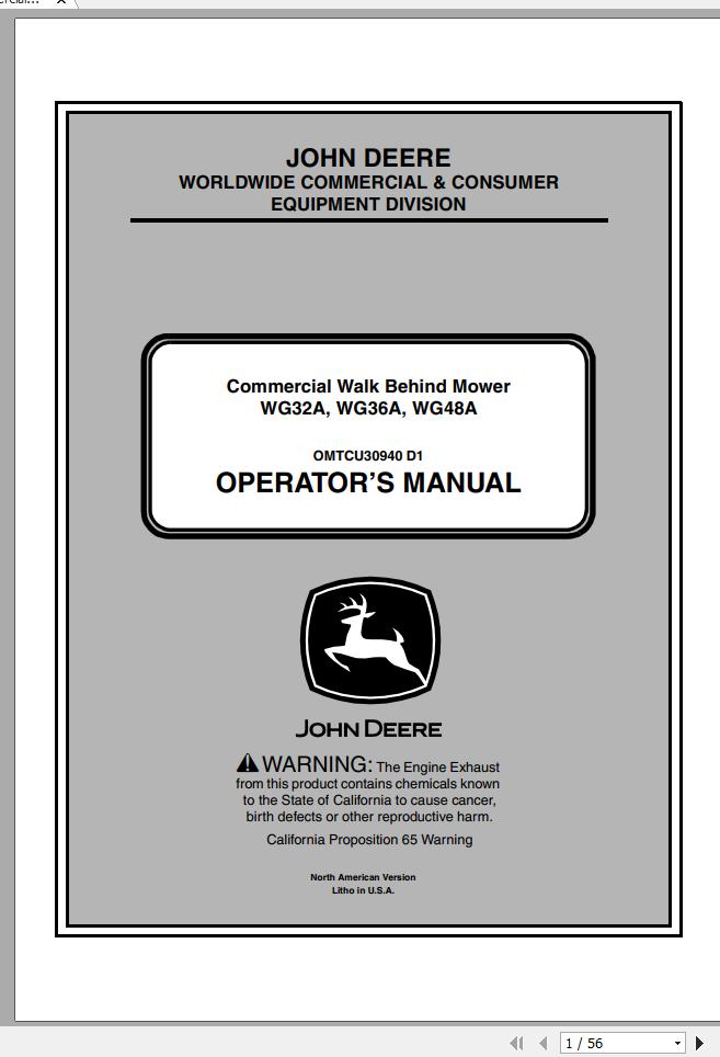 John Deere Commercial Walk Behind Mower WG32A WG36A WG48A SN 010001 Operators Manual OMTCU30940 D1 2011 1