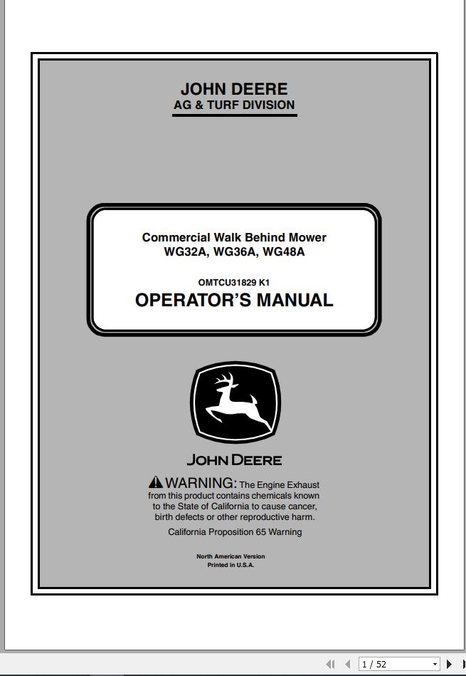 John Deere Commercial Walk Behind Mower WG32A WG36A WG48A SN 030001 Operators Manual OMTCU31829 K1 2011 1