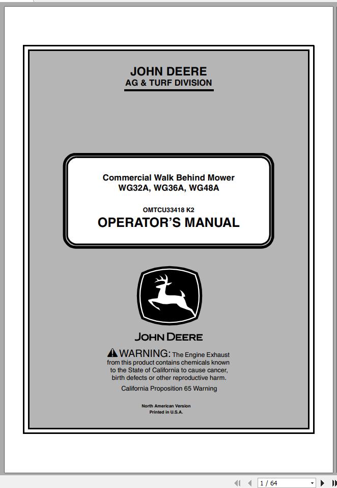 John Deere Commercial Walk Behind Mower WG32A WG36A WG48A SN 040001 Operators Manual OMTCU33418 K2 2012 1