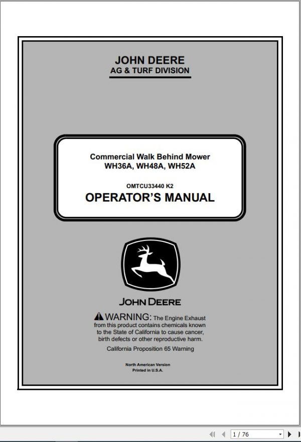 John Deere Commercial Walk Behind Mower WG32A WG36A WG48A SN 040001 Operators Manual OMTCU33440 K2 2012 1