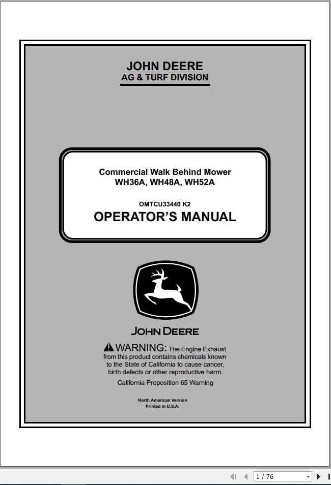 John Deere Commercial Walk Behind Mower WG32A WG36A WG48A SN 040001 Operators Manual OMTCU33440 K2 2012 1