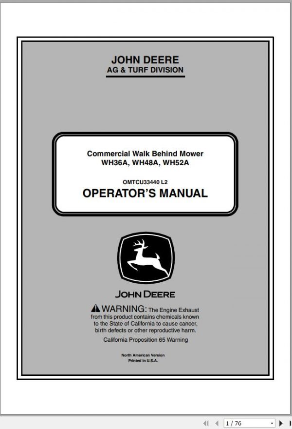 John Deere Commercial Walk Behind Mower WG36A WH48A WH52A SN 040001 Operators Manual OMTCU33440 L2 2012 1