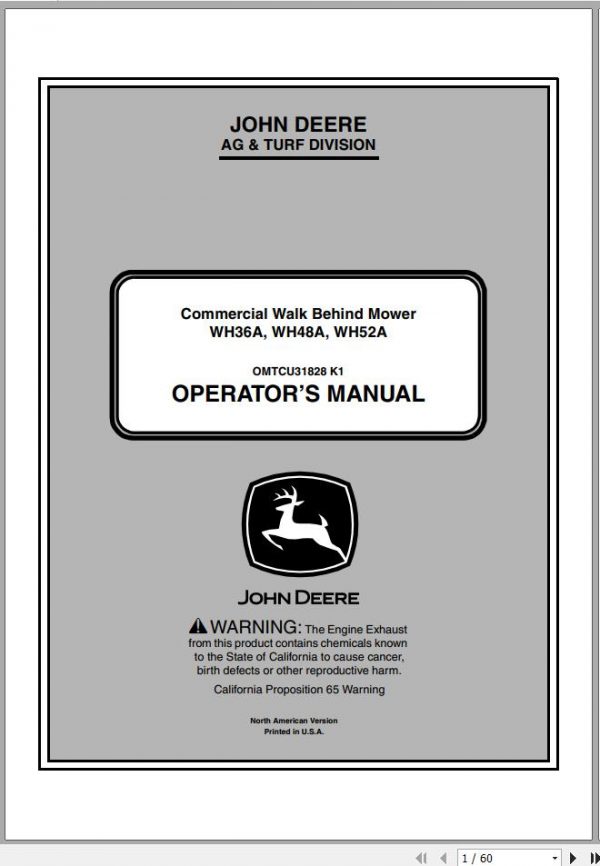 John Deere Commercial Walk Behind Mower WH36A WH48A WH52A SN 030001 Operators Manual OMTCU31828 K1 2011 1