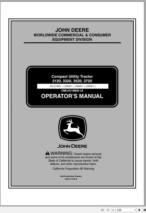 John Deere Compact Utility Tractor 3120 3320 3520 3720 Operators Manual OMLVU19809 L8 2008 1