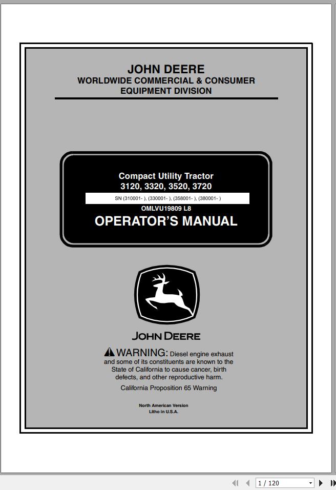 John Deere Compact Utility Tractor 3120 3320 3520 3720 Operators Manual OMLVU19809 L8 2008 1