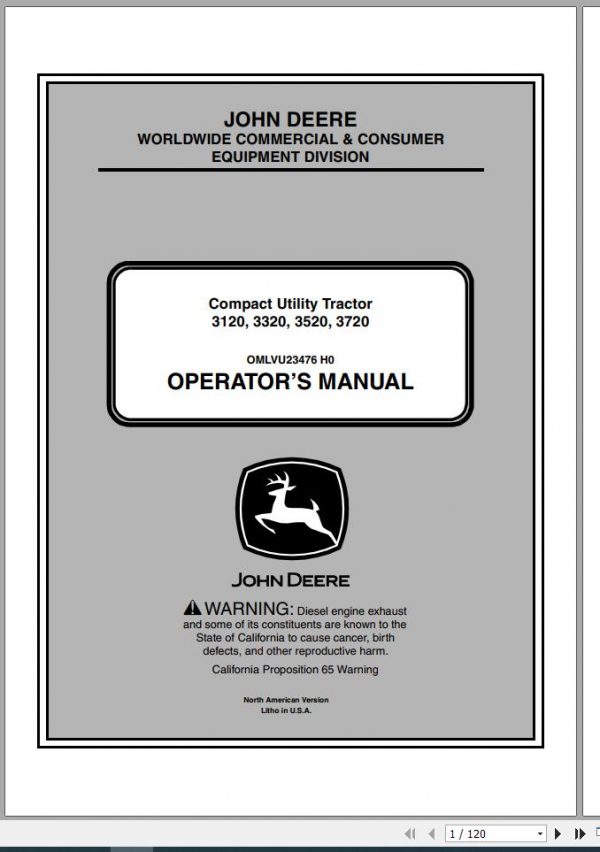 John Deere Compact Utility Tractor 3120 3320 3520 3720 Operators Manual OMLVU23476 H0 2010 1