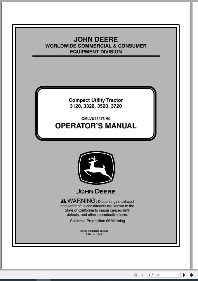 John Deere Compact Utility Tractor 3120 3320 3520 3720 Operators Manual OMLVU23476 H0 2010 1