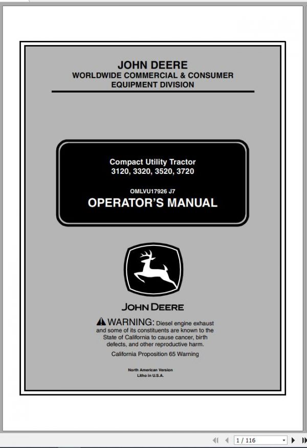 John Deere Compact Utility Tractor 3120 3320 3520 3720 SN 100001 Operators Manual OMLVU17926 J7 2007 1