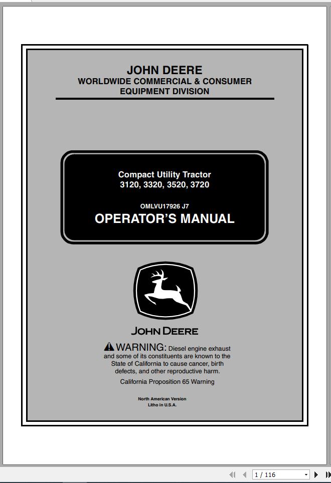 John Deere Compact Utility Tractor 3120 3320 3520 3720 SN 100001 Operators Manual OMLVU17926 J7 2007 1