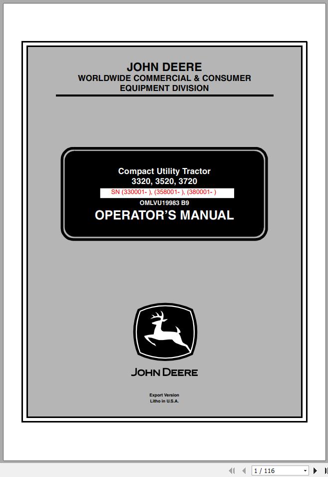 John Deere Compact Utility Tractor 3320 3520 3720 Operators Manual OMLVU19983 B9 2009 1