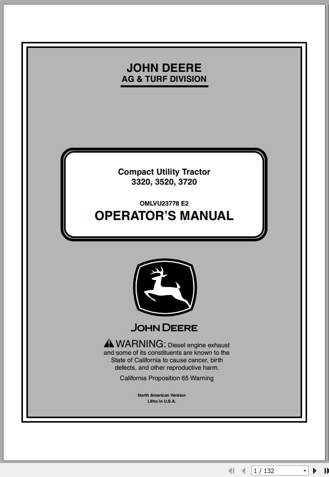 John Deere Compact Utility Tractor 3320 3520 3720 Operators Manual OMLVU23778 E2 2012 1