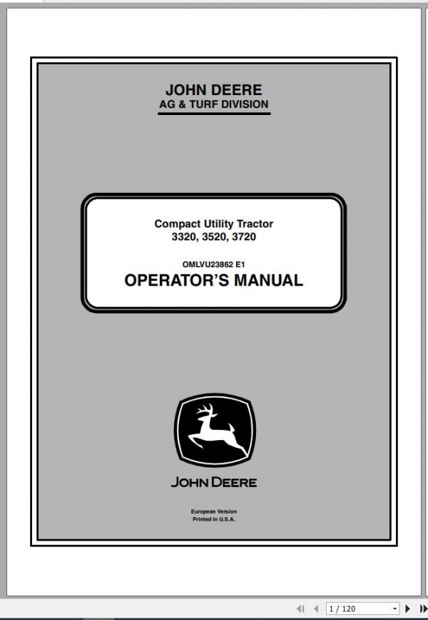 John Deere Compact Utility Tractor 3320 3520 3720 Operators Manual OMLVU23862 E1 2011 1