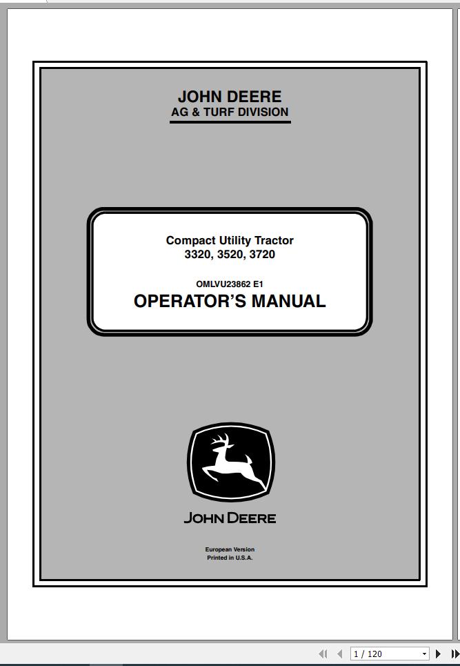 John Deere Compact Utility Tractor 3320 3520 3720 Operators Manual OMLVU23862 E1 2011 1