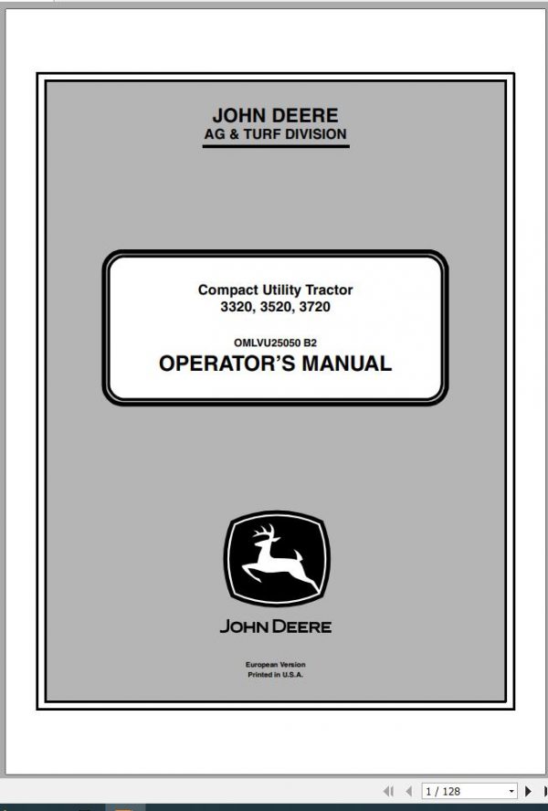 John Deere Compact Utility Tractor 3320 3520 3720 Operators Manual OMLVU25050 B2 2012 1