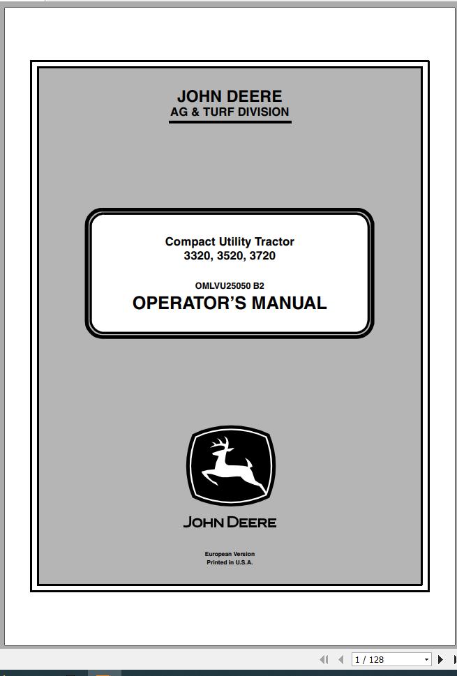 John Deere Compact Utility Tractor 3320 3520 3720 Operators Manual OMLVU25050 B2 2012 1