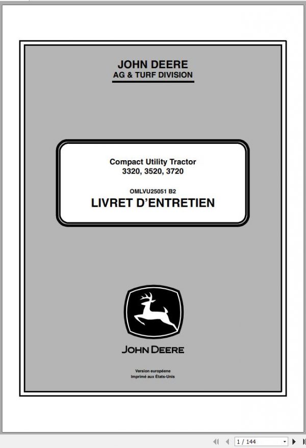 John Deere Compact Utility Tractor 3320 3520 3720 Operators Manual OMLVU25051 B2 2012 FR 1
