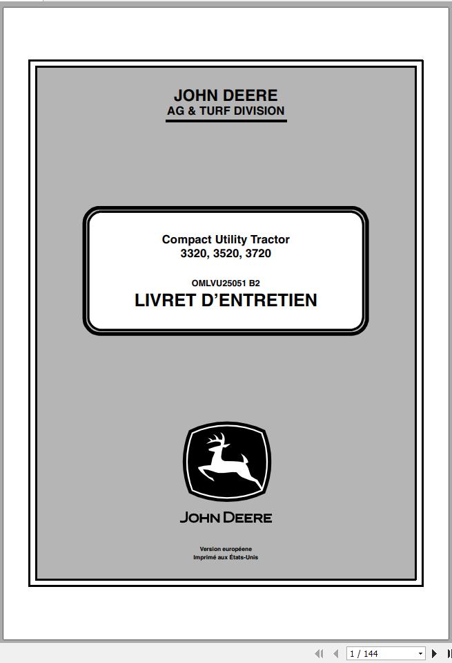 John Deere Compact Utility Tractor 3320 3520 3720 Operators Manual OMLVU25051 B2 2012 FR 1