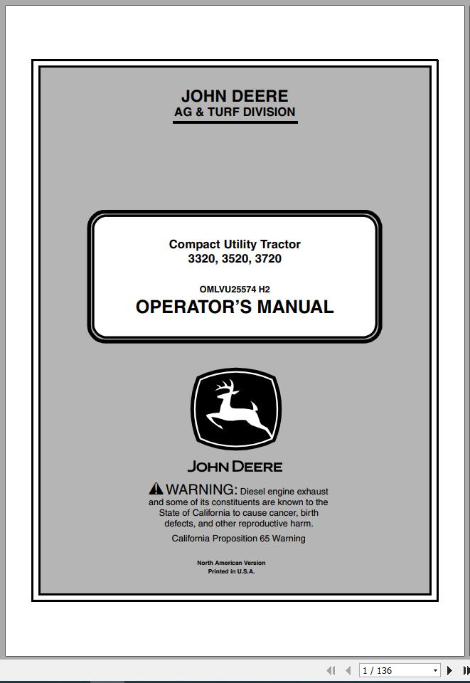 John Deere Compact Utility Tractor 3320 3520 3720 Operators Manual OMLVU25574 H2 2012 1