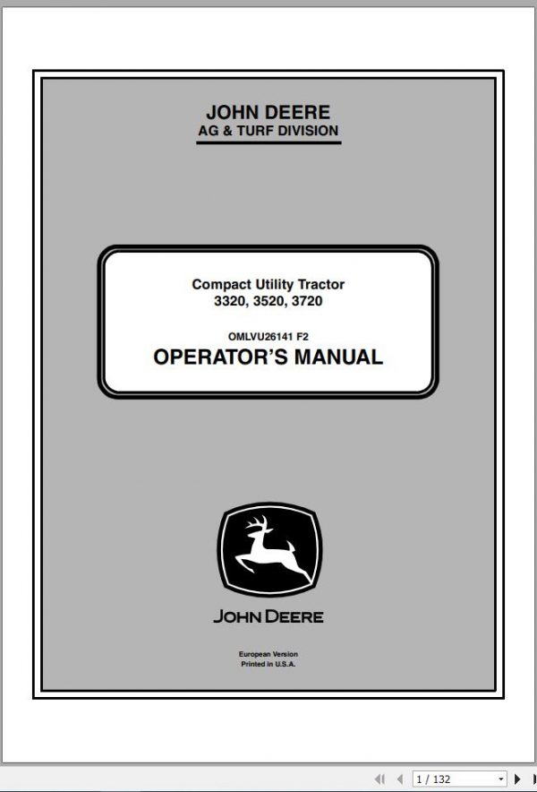 John Deere Compact Utility Tractor 3320 3520 3720 Operators Manual OMLVU26141 F2 2012 1