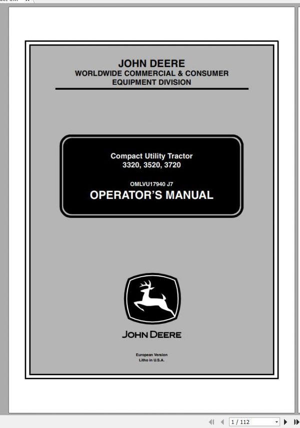 John Deere Compact Utility Tractor 3320 3520 3720 SN 100001 Operators Manual OMLVU17940 J7 2007 1