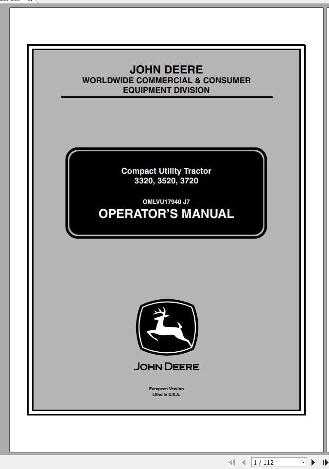 John Deere Compact Utility Tractor 3320 3520 3720 SN 100001 Operators Manual OMLVU17940 J7 2007 1