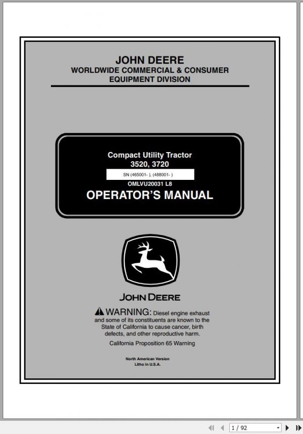 John Deere Compact Utility Tractor 3520 3720 Operators Manual OMLVU20031 L8 2008 1