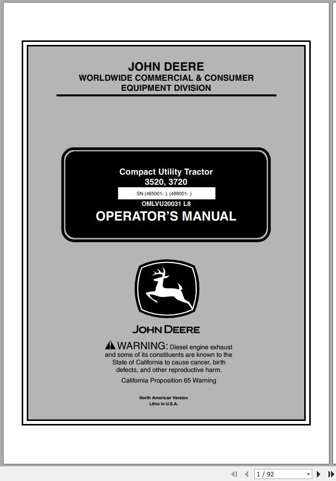 John Deere Compact Utility Tractor 3520 3720 Operators Manual OMLVU20031 L8 2008 1