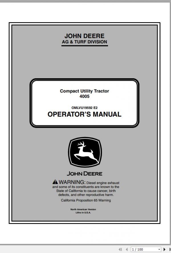 John Deere Compact Utility Tractor 4005 SN 000101 Operators Manual OMLVU19592 E2 2012 1