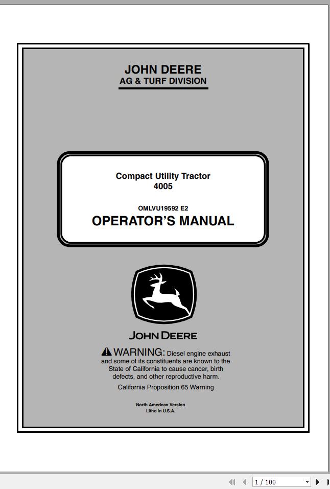 John Deere Compact Utility Tractor 4005 SN 000101 Operators Manual OMLVU19592 E2 2012 1