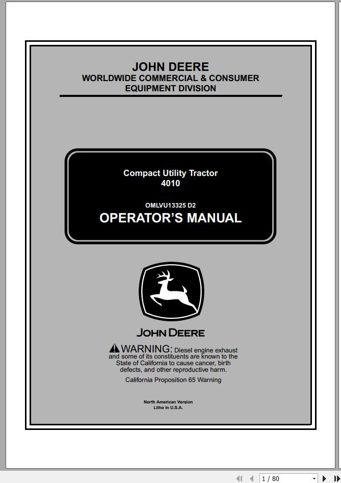 John Deere Compact Utility Tractor 4010 SN 110001 Operators Manual OMLVU13325 D2 2002 1