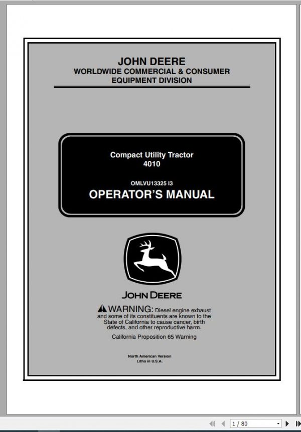 John Deere Compact Utility Tractor 4010 SN 110001 Operators Manual OMLVU13325 I3 2003 1
