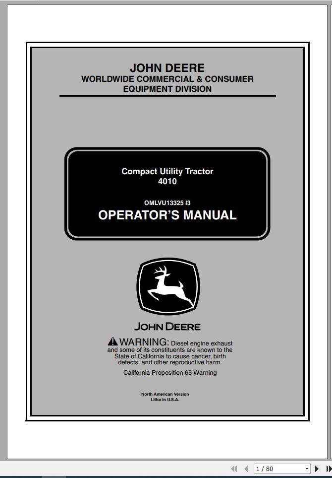 John Deere Compact Utility Tractor 4010 SN 110001 Operators Manual OMLVU13325 I3 2003 1