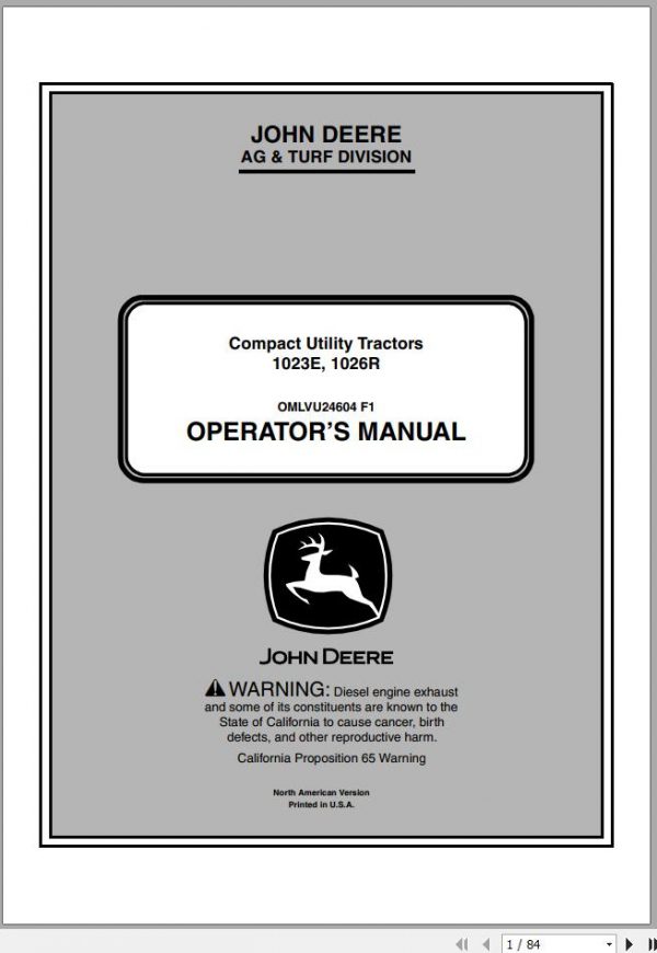 John Deere Compact Utility Tractors 1023E 1026R SN 010001 Operators Manual OMLVU24604 F1 2011 1