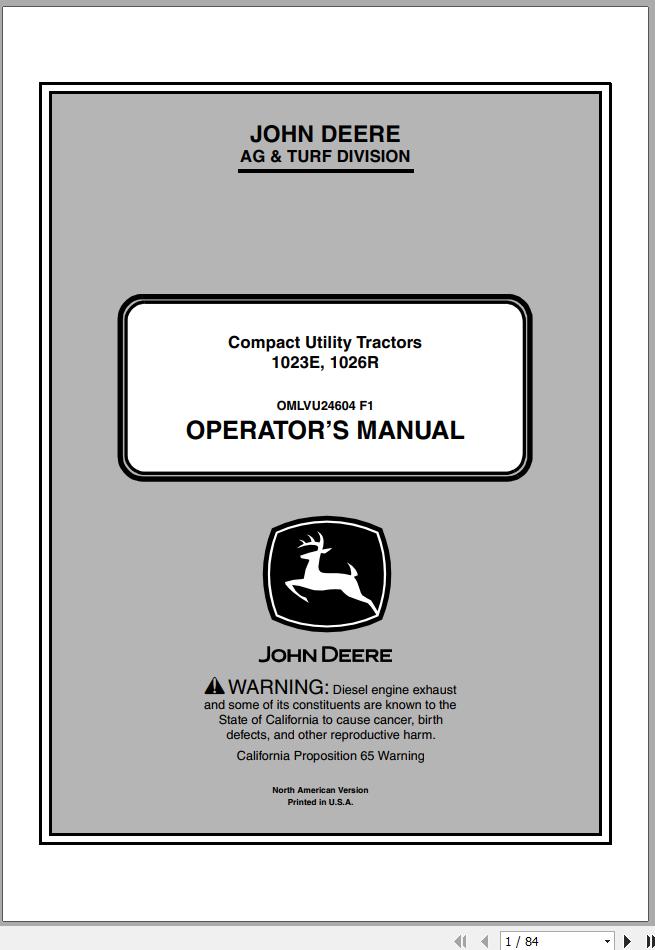 John Deere Compact Utility Tractors 1023E 1026R SN 010001 Operators Manual OMLVU24604 F1 2011 1