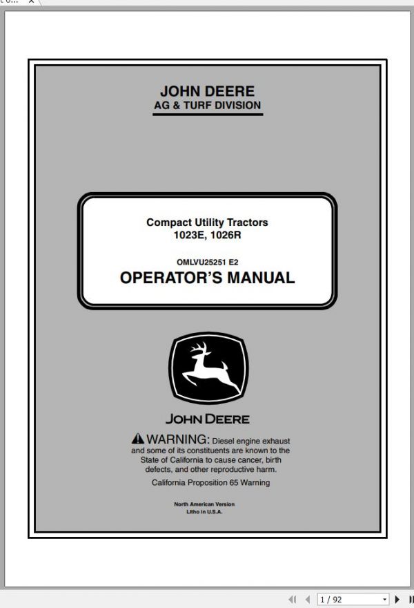 John Deere Compact Utility Tractors 1023R 1026R SN 210000 Operators Manual OMLVU25251 E2 2012 1