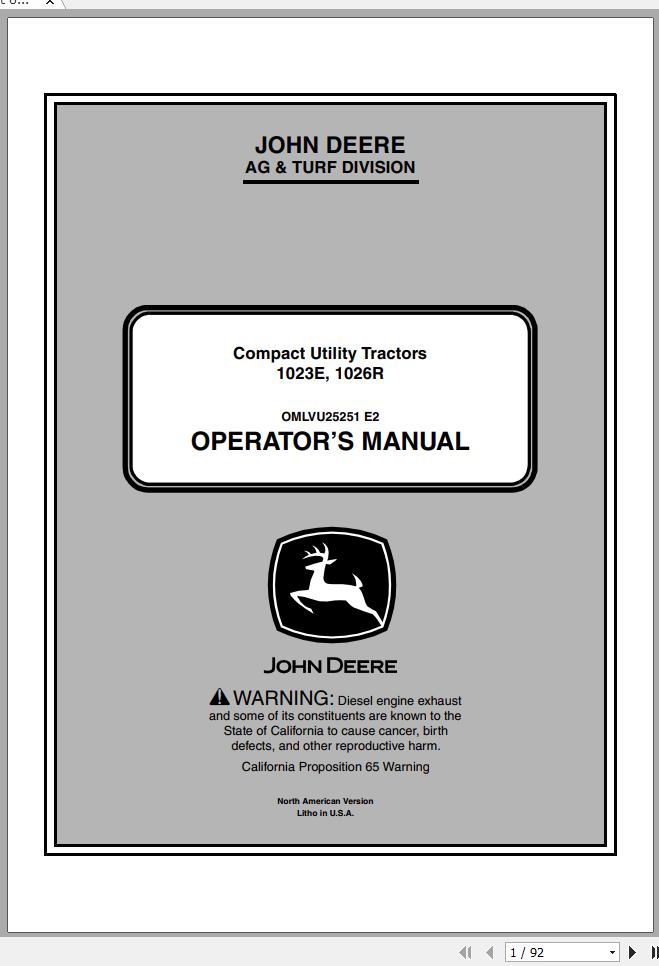 John Deere Compact Utility Tractors 1023R 1026R SN 210000 Operators Manual OMLVU25251 E2 2012 1