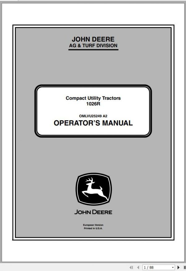 John Deere Compact Utility Tractors 1026R SN 215000 Operators Manual OMLVU25249 A2 2012 1