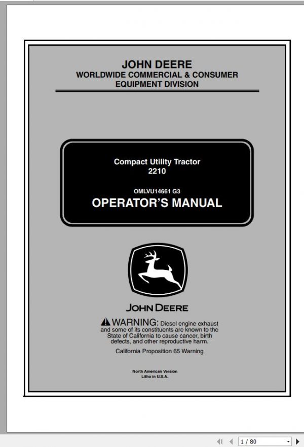 John Deere Compact Utility Tractors 2210 SN 110001 Operators Manual OMLVU14661 G3 2003 1
