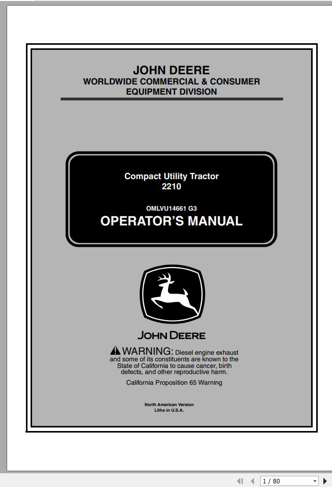 John Deere Compact Utility Tractors 2210 SN 110001 Operators Manual OMLVU14661 G3 2003 1