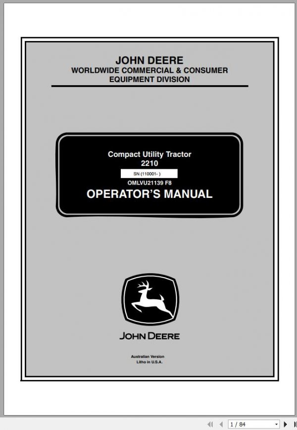 John Deere Compact Utility Tractors 2210 SN 110001 Operators Manual OMLVU21139 F8 2008 1