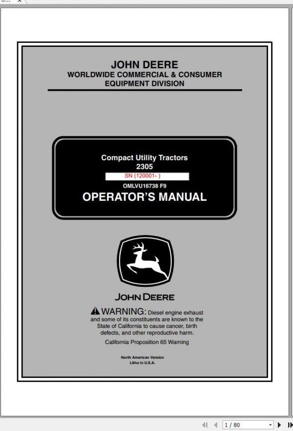 John Deere Compact Utility Tractors 2305 SN 120001 Operators Manual OMLVU16738 F9 2009 1